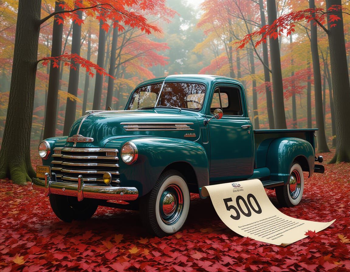 Vintage Truck in Autumn Forest, Pop Art Style