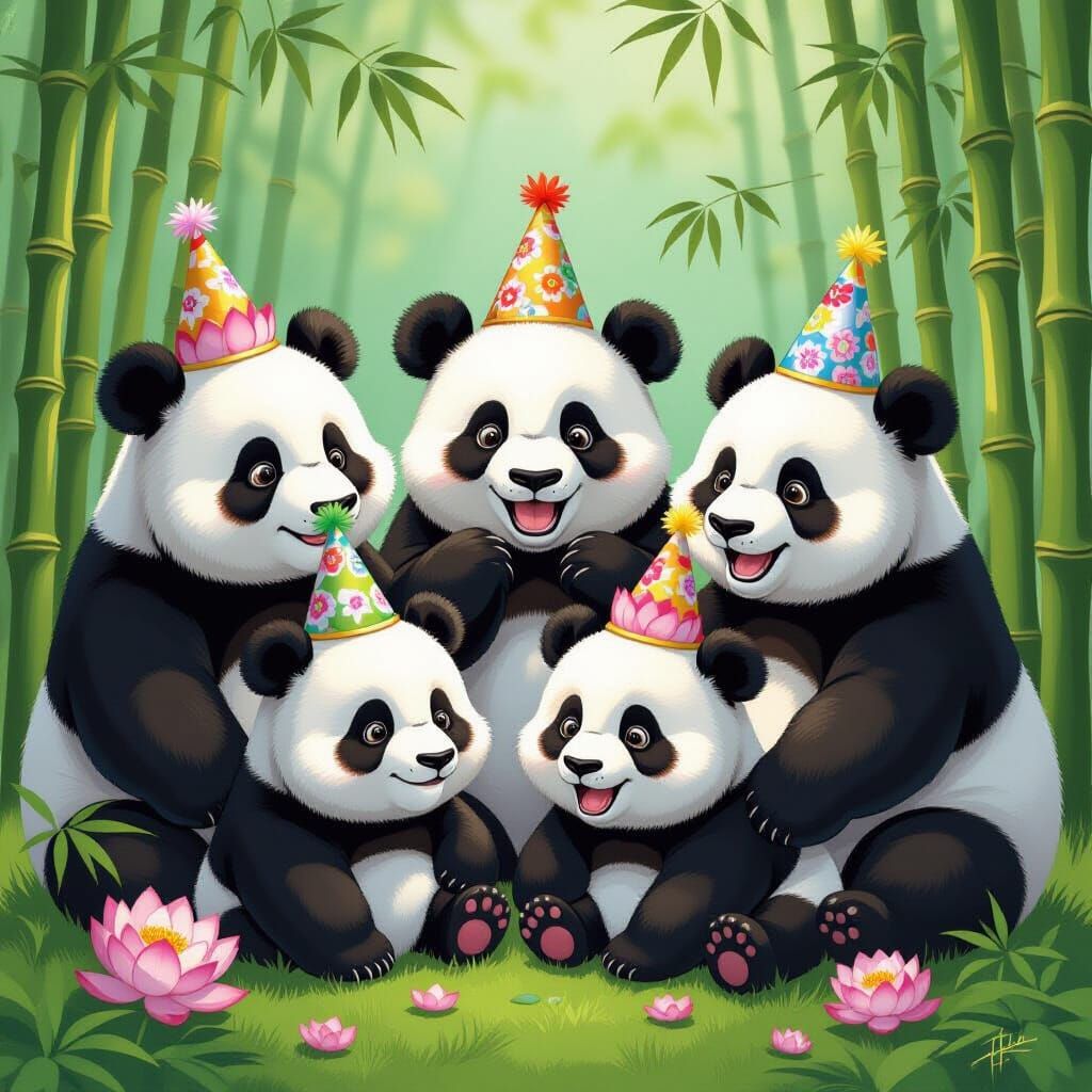 Pandas in Bamboo Forest with Lotus Party Hats