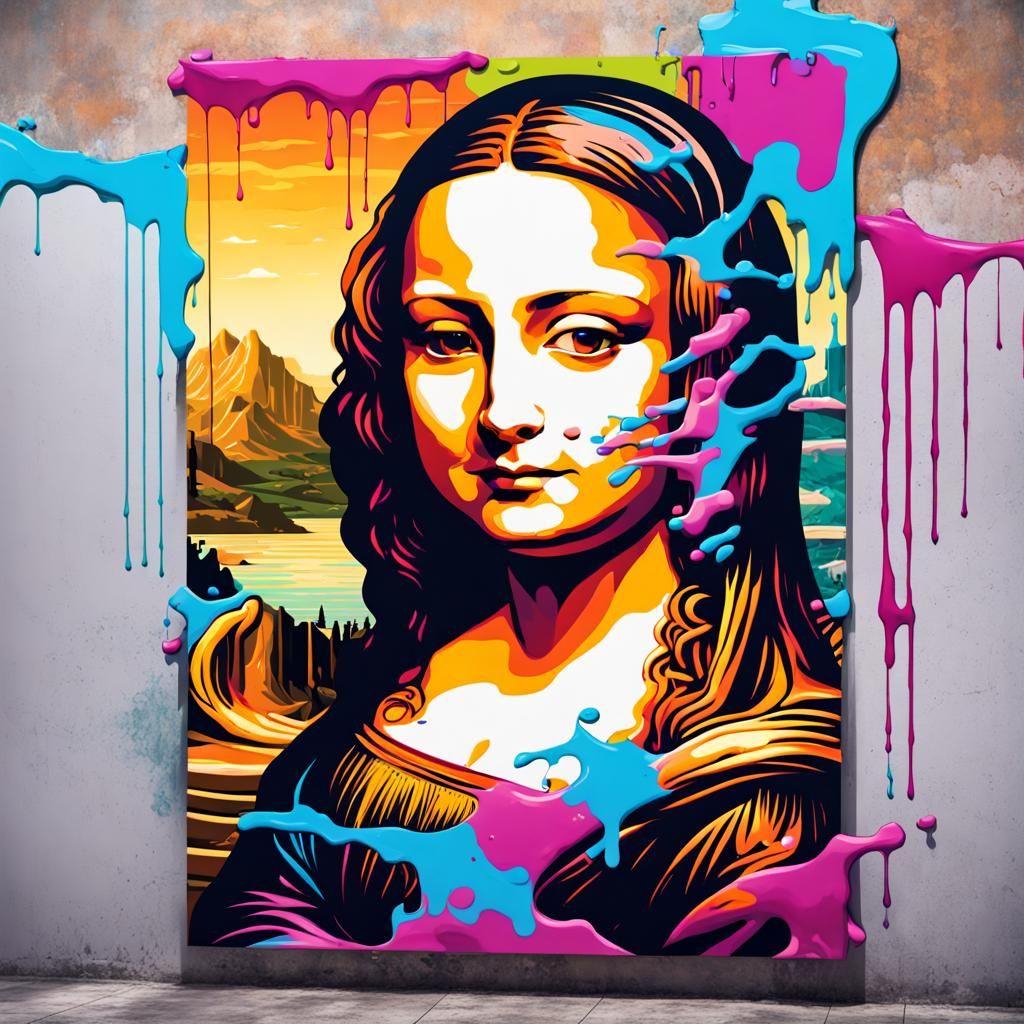Mona Lisa Vaporwave Graffiti Art in Museum