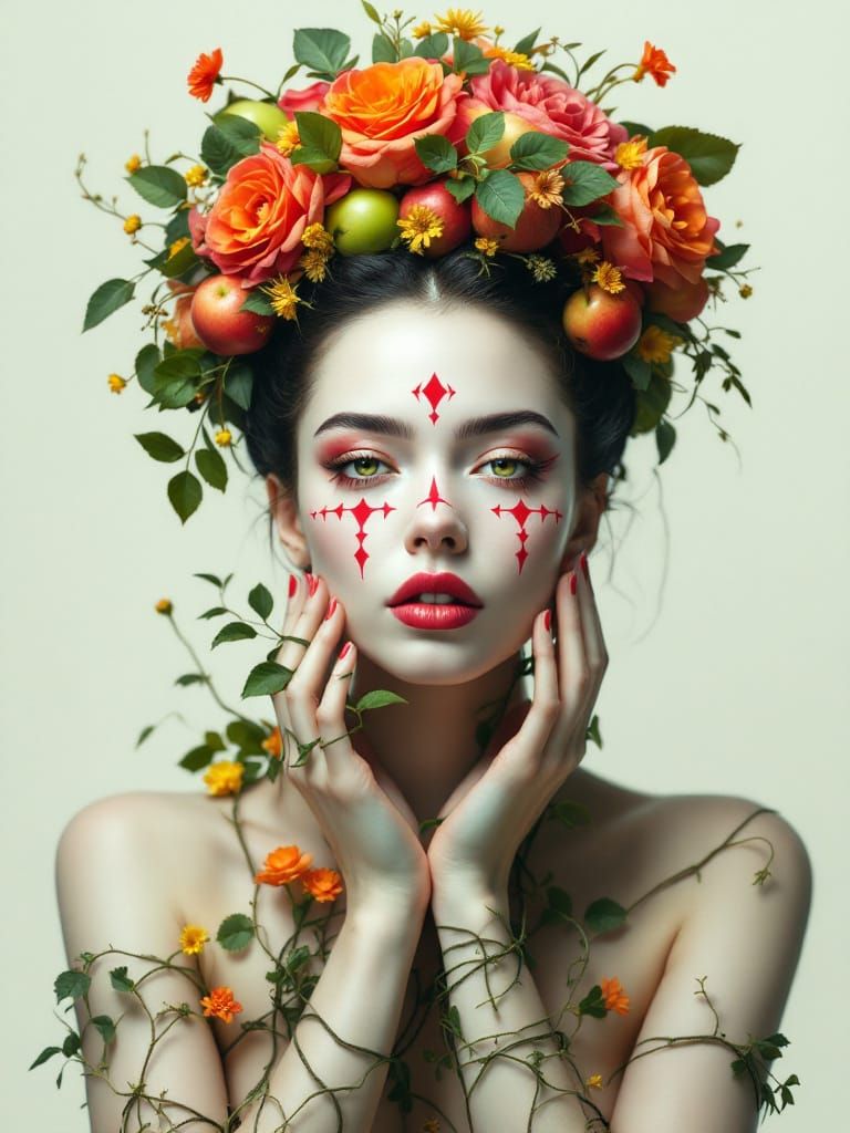 Mythic Portrait of a Serene Figure Adorned with Fruit and Fl...