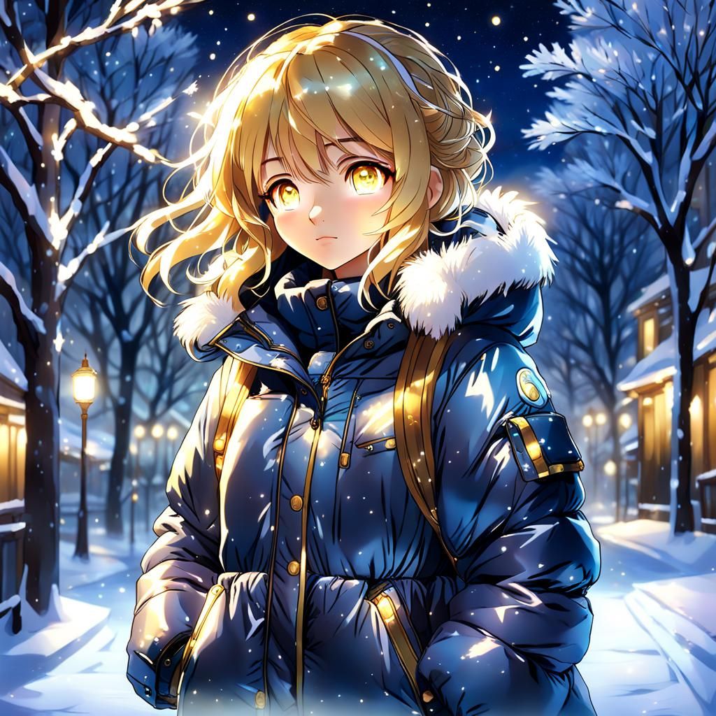 Anime Girl in Winter Village at Night