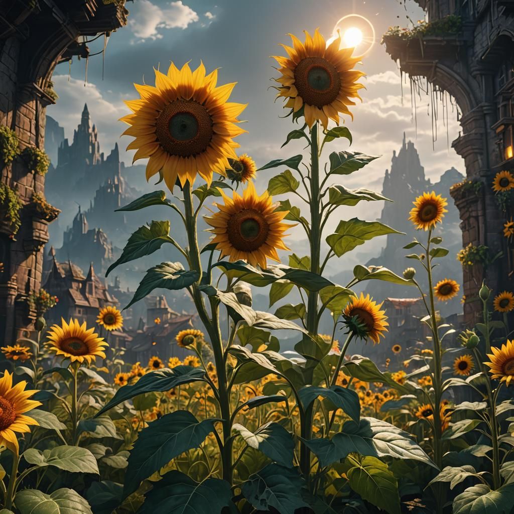 Detailed Sunflower: Fantasy Concept Art in Deep Color