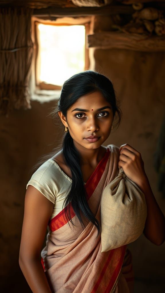 Young Indian Woman Packs Bag in Rustic Home