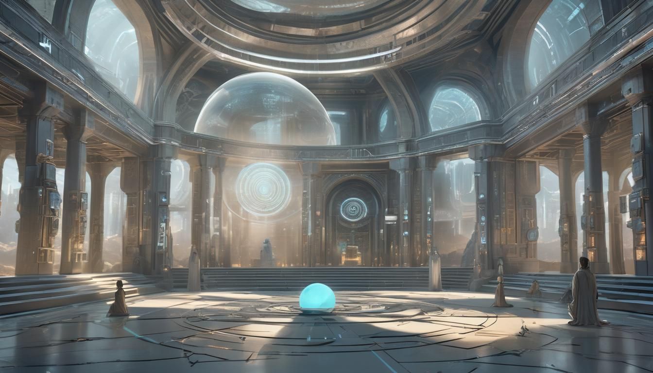 Futuristic Temple: Humans, Digital Minds, and Geometric Robo...