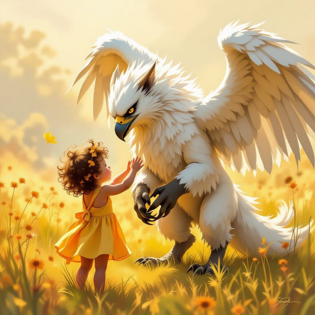 Gryphon's Kindness: A Gentle Lift in a Sunlit Meadow