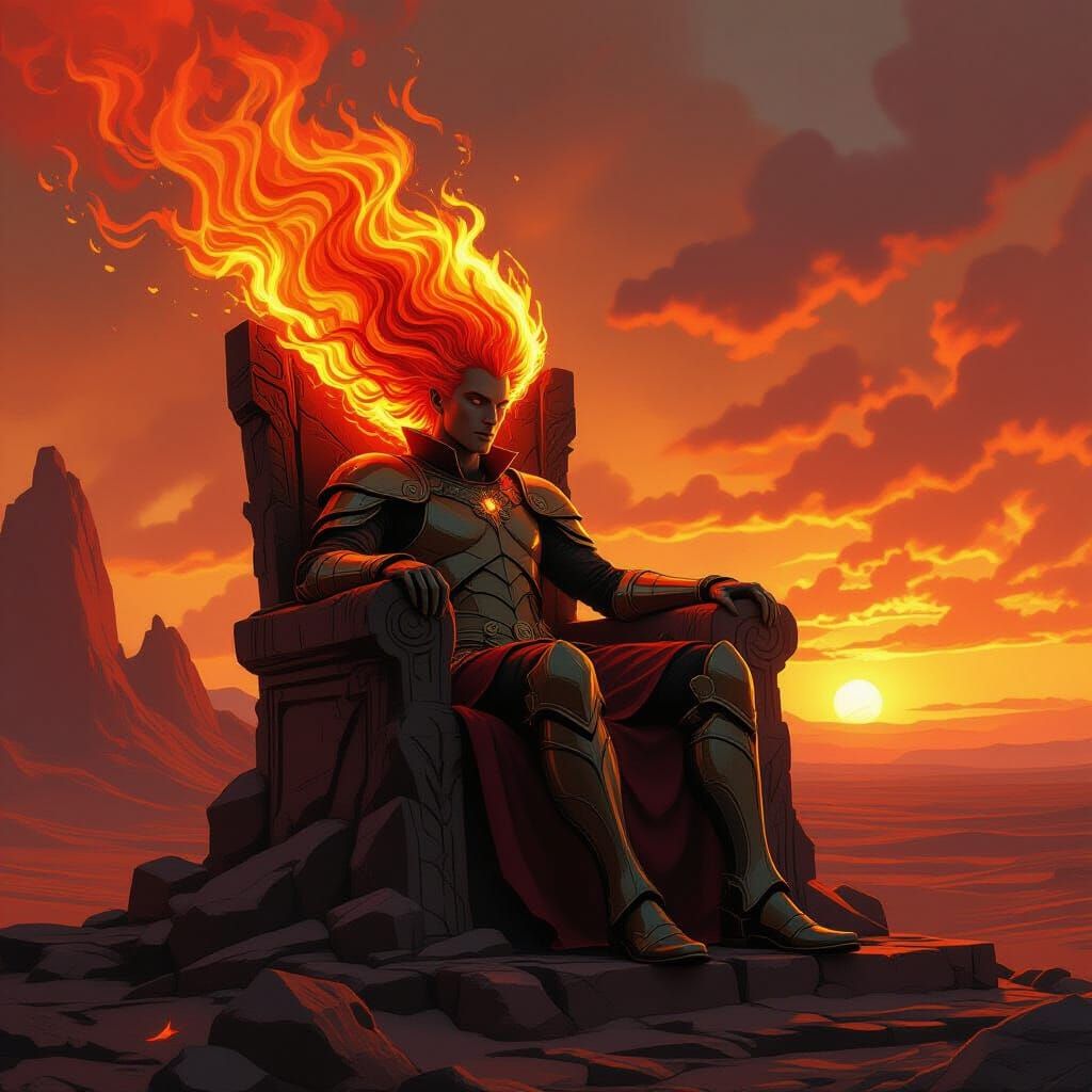 Fire Elemental King on Volcanic Throne in Art Nouveau Style