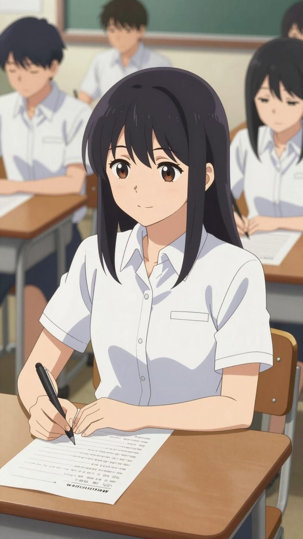 Anime Girl Student Focused During Exam in Cel-Shaded Style