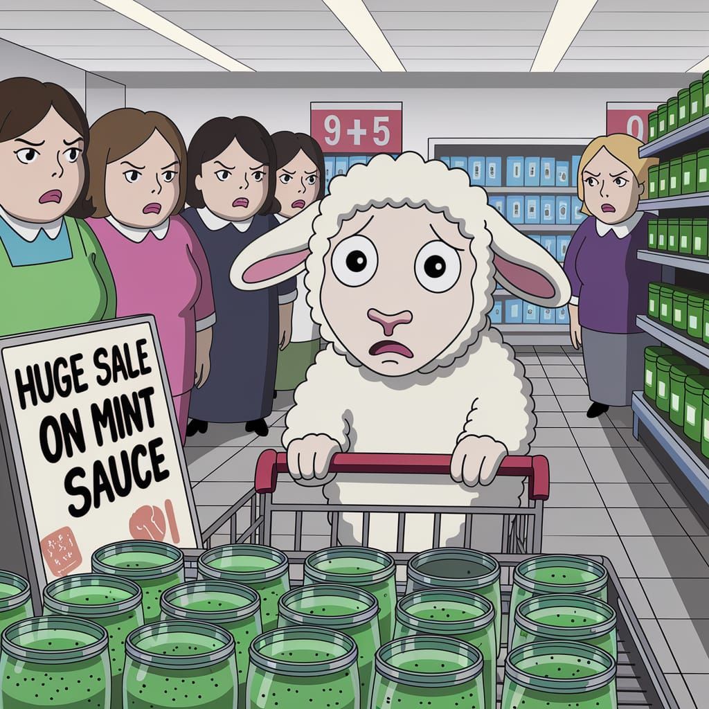 Worried Lamb at Mint Sauce Supermarket Sale