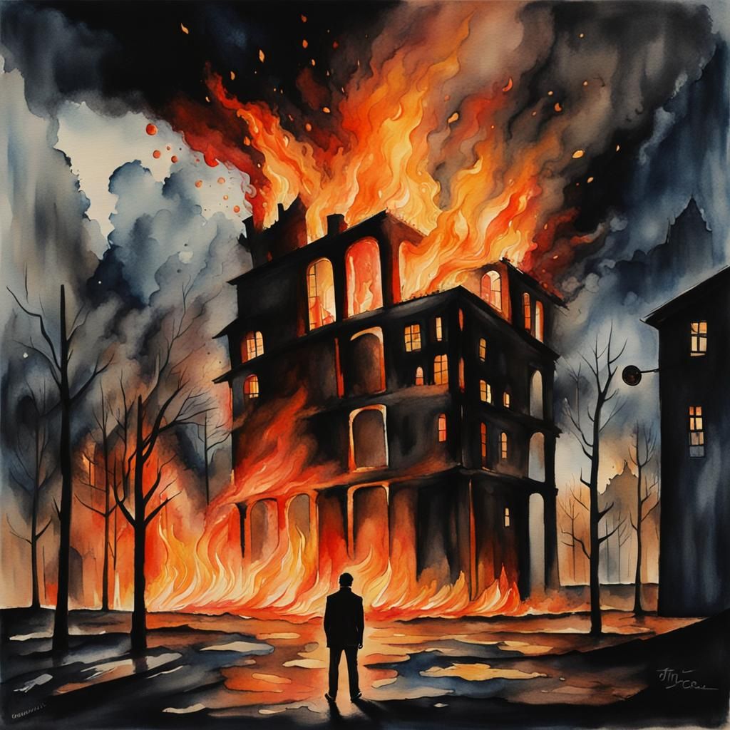 Dark Fantasy: Man Watches Burning Building in Watercolor