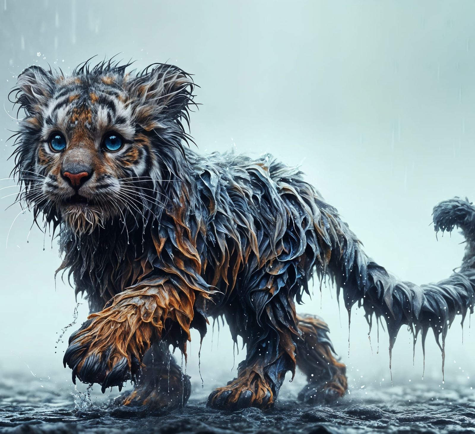 Magical Tiger Cub Running in Stormy Mud Field