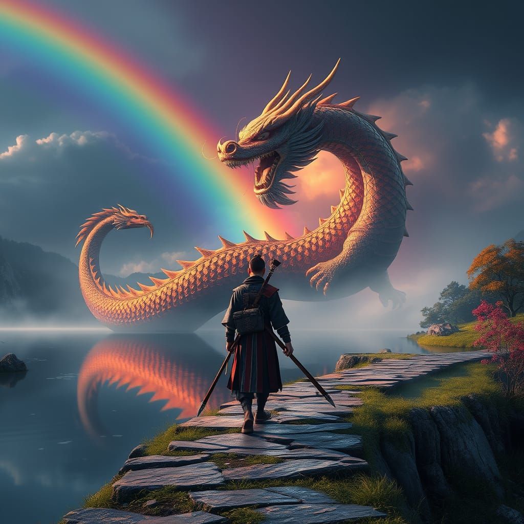 Samurai and Dragon on Lake Tai: Fantasy Concept Art