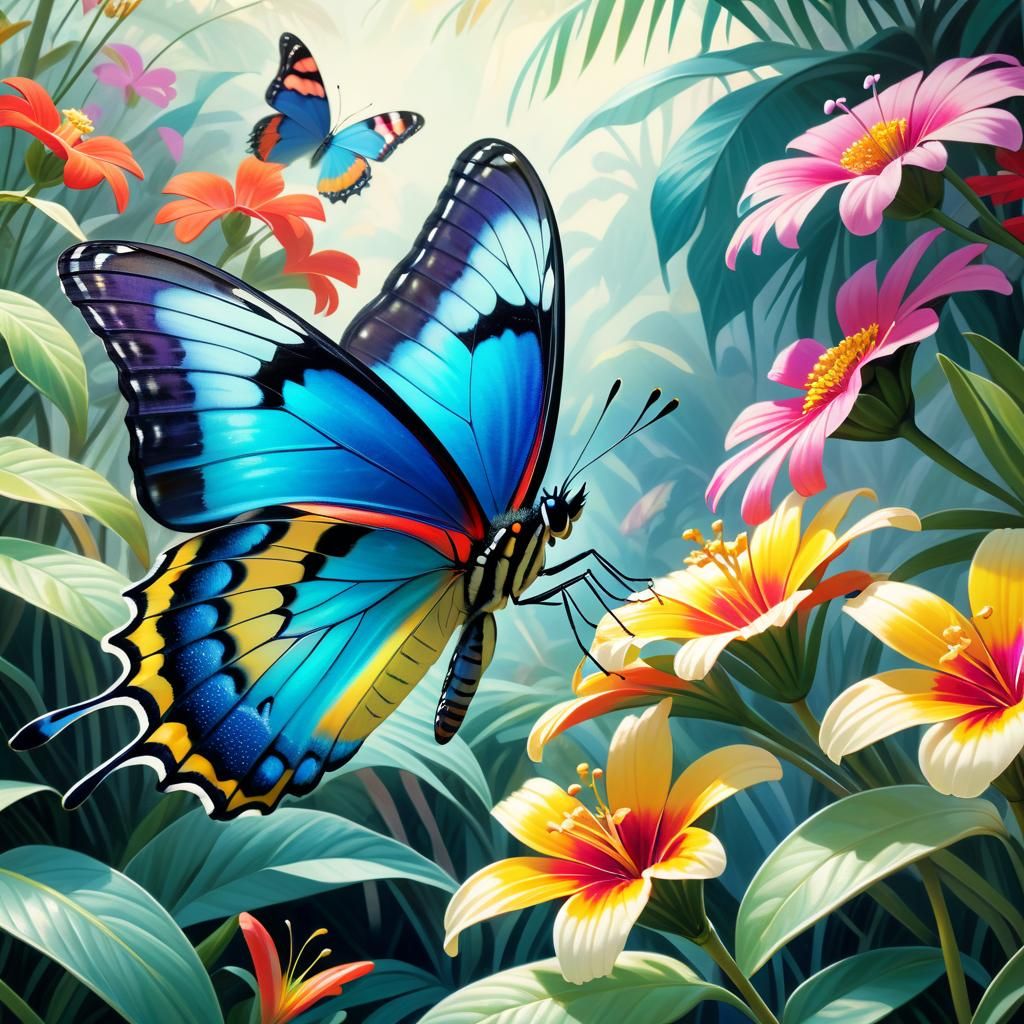 Tropical Butterfly Among Flowers: Digital Painting