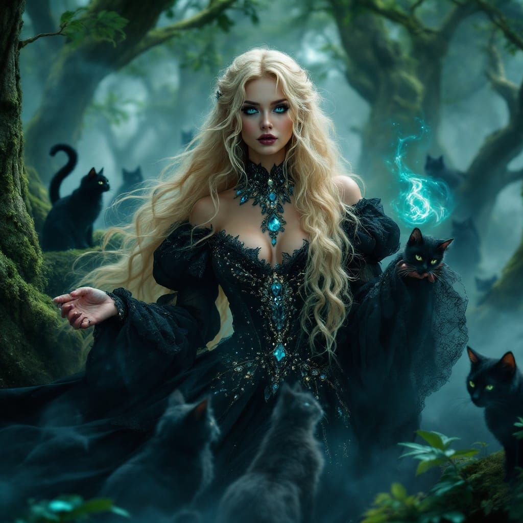 Sorceress Summons Cats in Mystical Forest