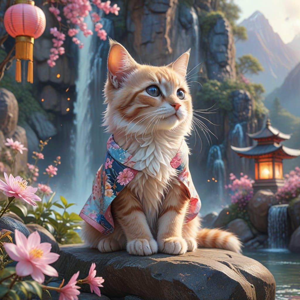 Whimsical Kitten in Buddhist Temple Oasis