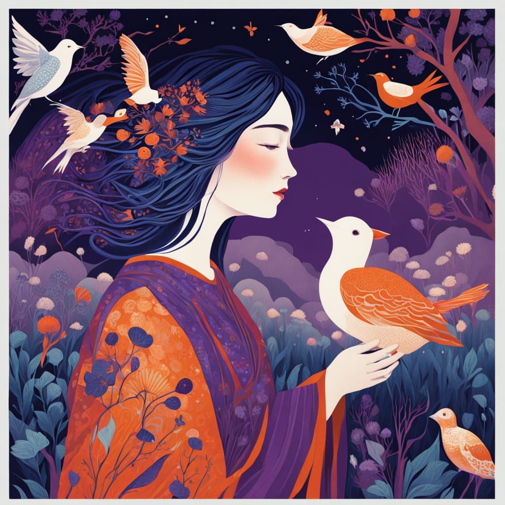 Ethereal Woman Dissolving into Cosmic Energy with Glowing Bi...