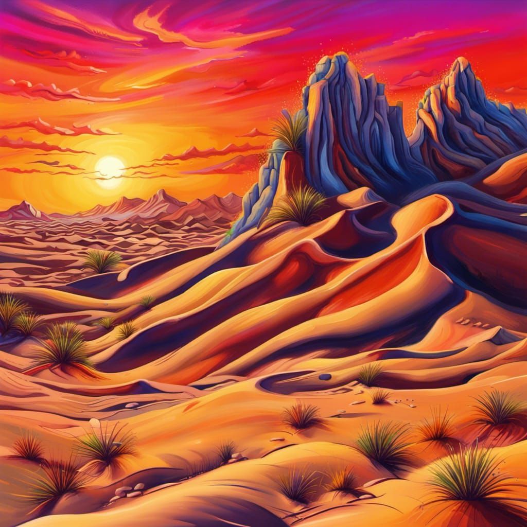 Fiery Desert Sunset in Graffiti Art Style