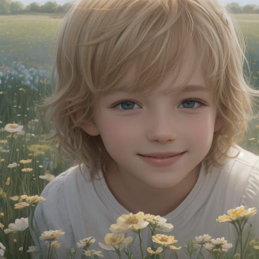 Whimsical Watercolor: Boy in Flower Meadow