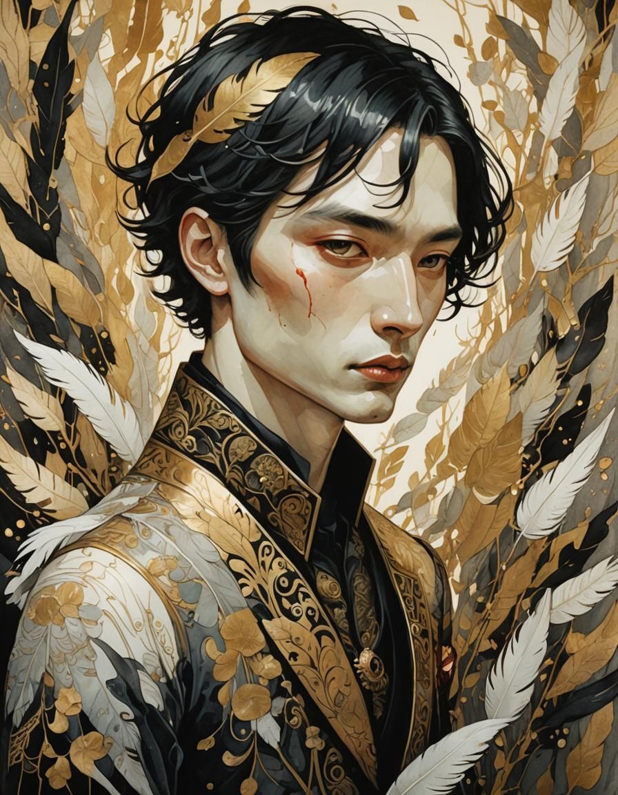 Luminescent Watercolor Portrait with Blood and Feathers