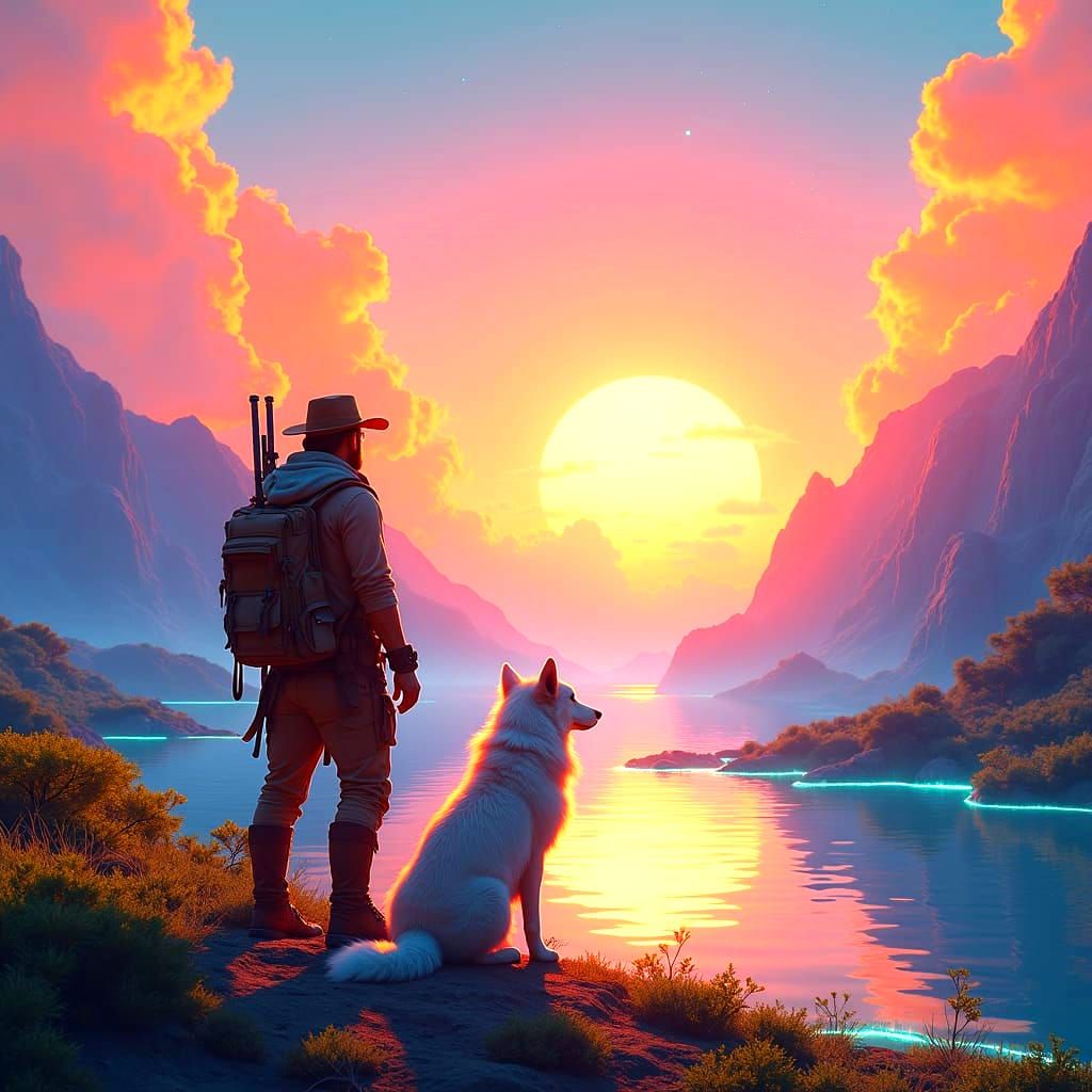 Man and Dog Watch Alien Sunset