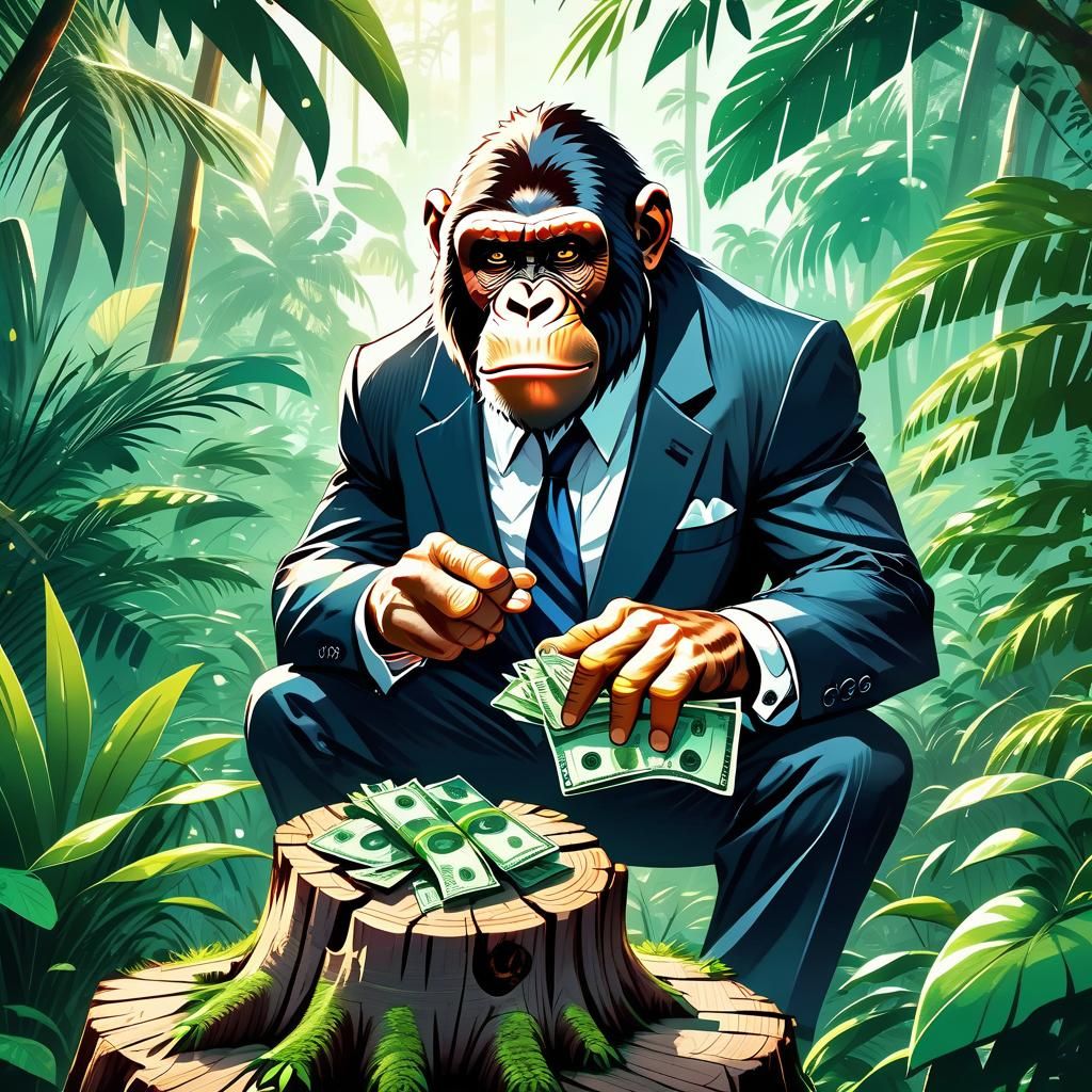 greedy gangster ape in a suit counting his money on a tree s...