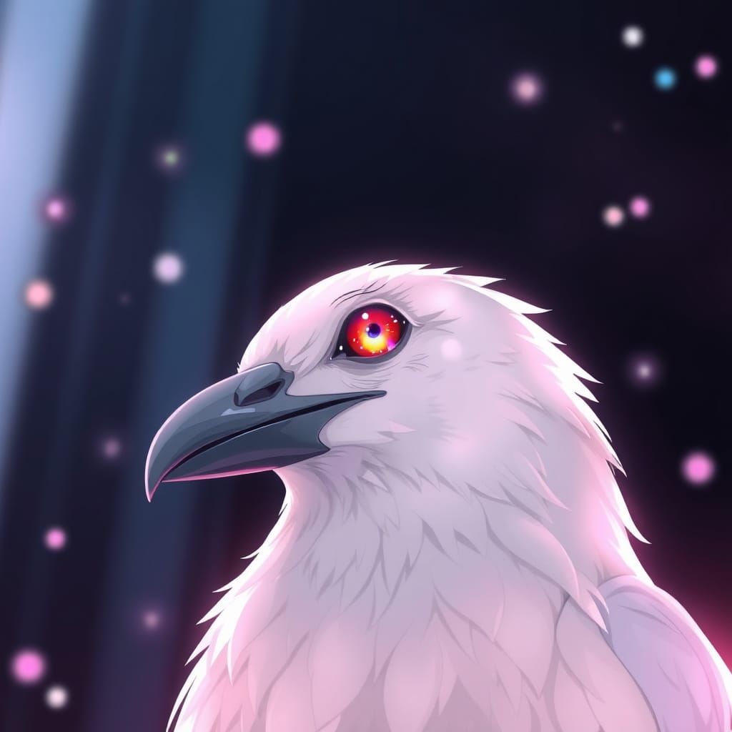 Surreal Anime Crow Gazing at Us with Rainbow Eyes