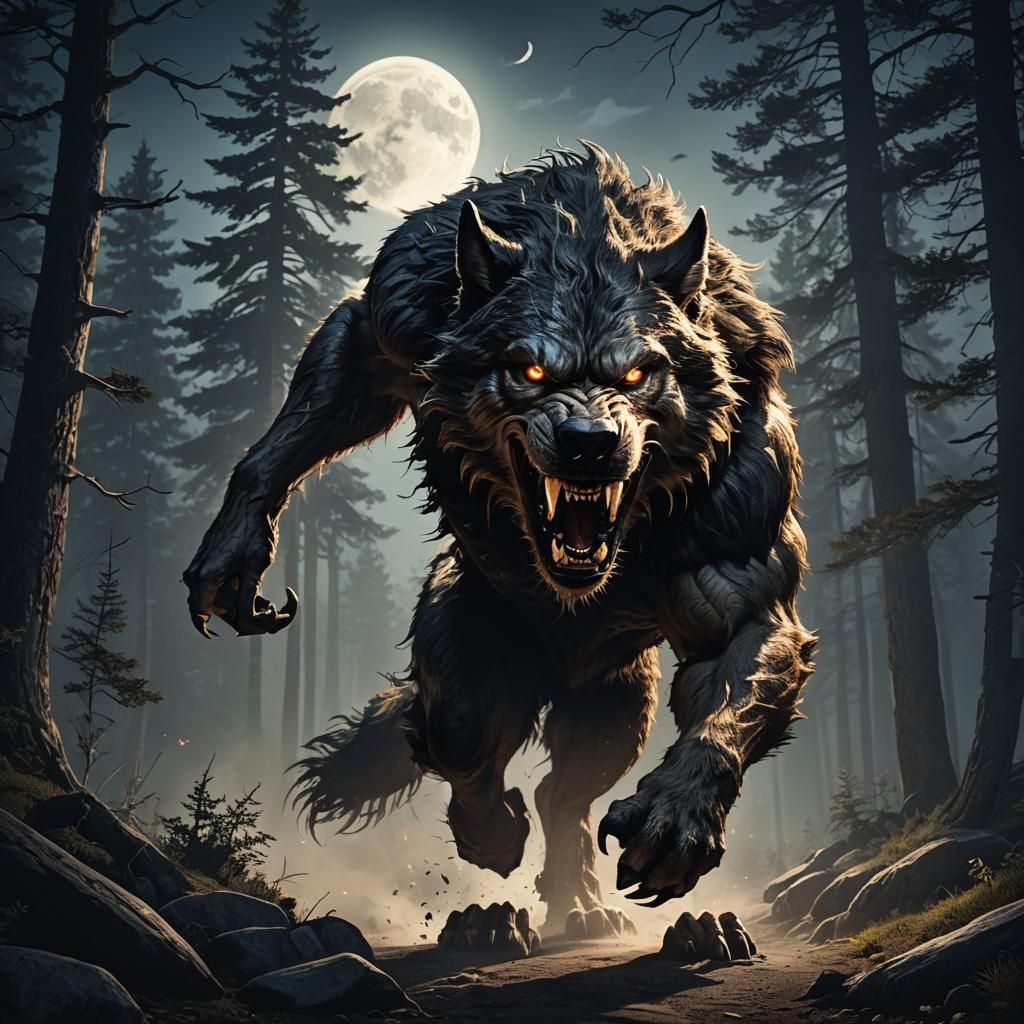 Hyperrealistic Werewolf Running Under Moonlight