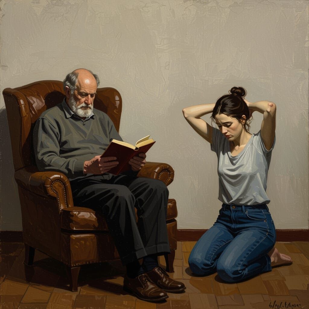Man Reading in Armchair, Woman Kneeling, Moody Lighting