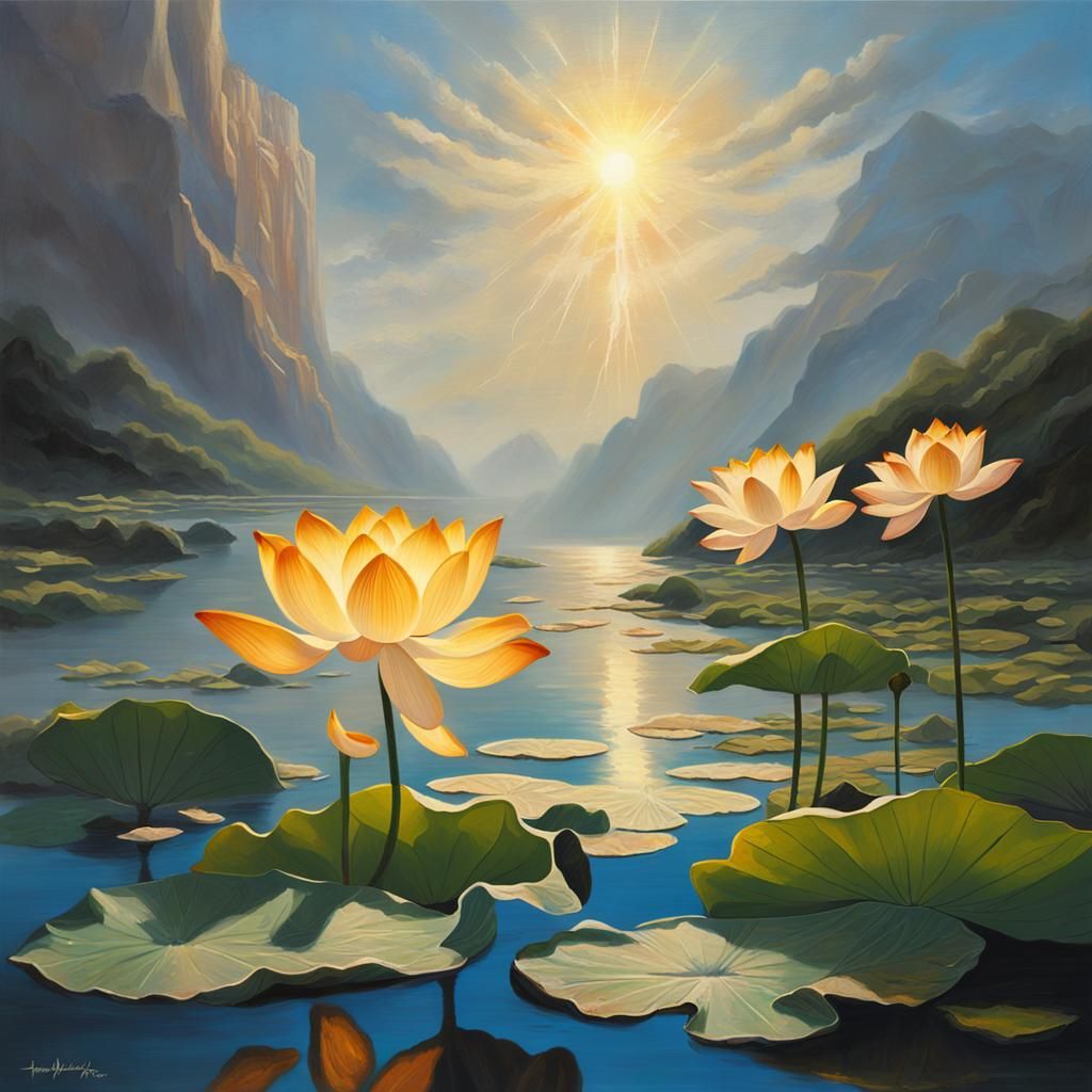 Glowing Lotus Flower in Luminist Oil Painting