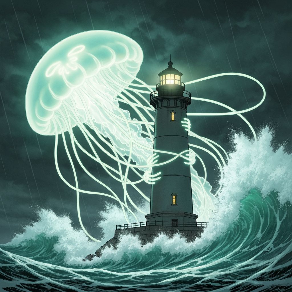 Alien Jellyfish Hug Lighthouse in Comic Book Art