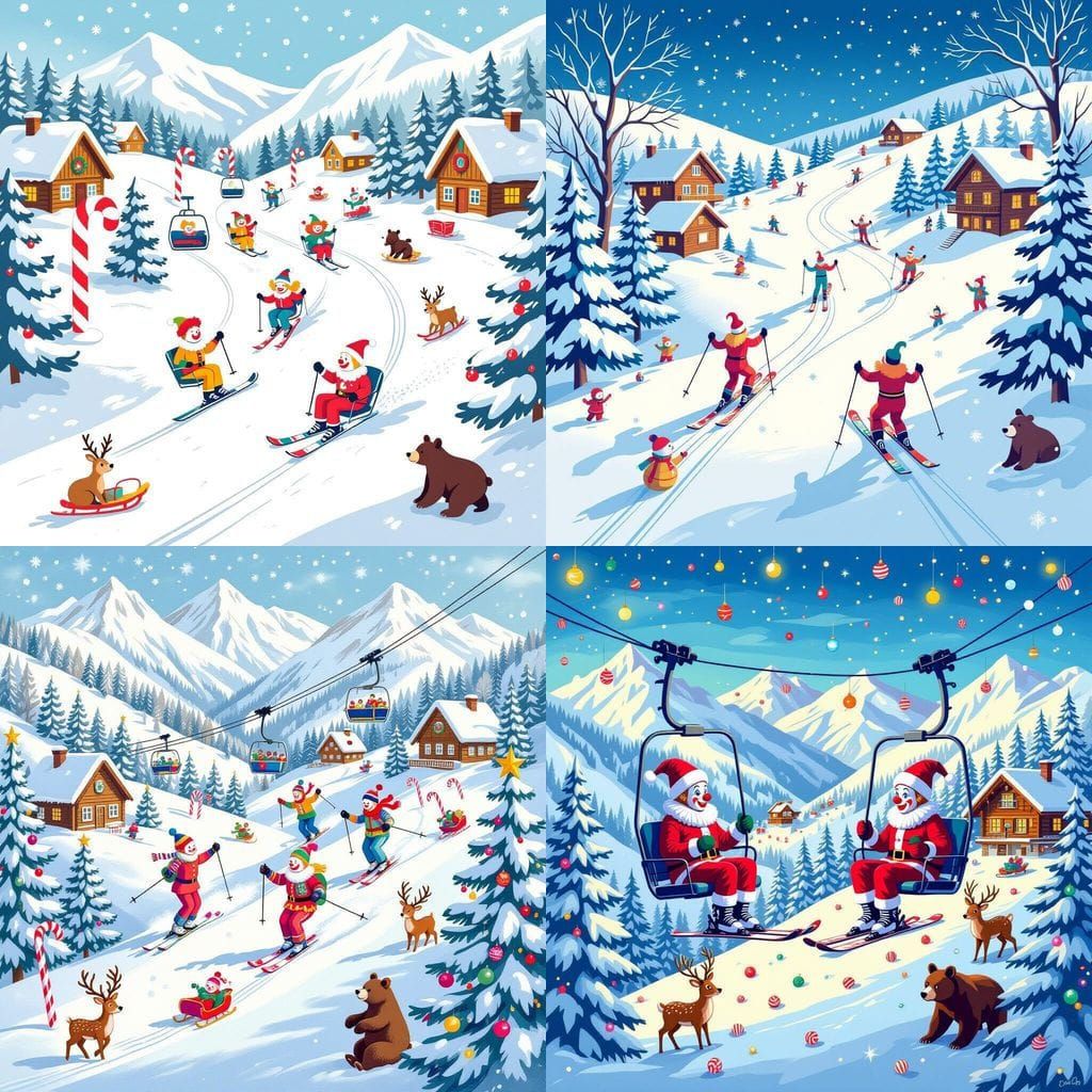 Clowns Skiing Down Mountain Amidst Candy and Chalets