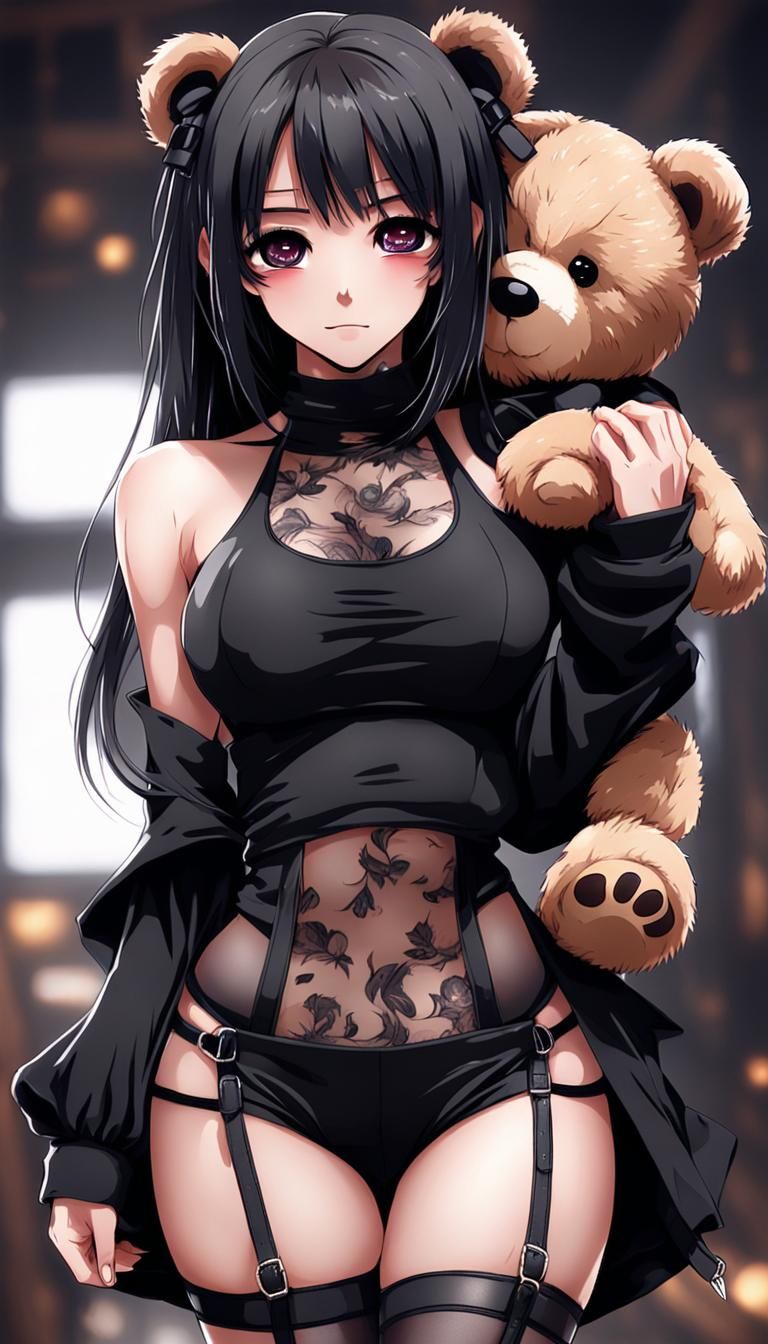 Anime Cute Girl wearing skimpy black clothes holding a teddy...