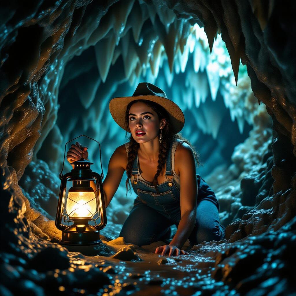 Cave Explorer's Glimpse: Adventure in a Glistening Cavern