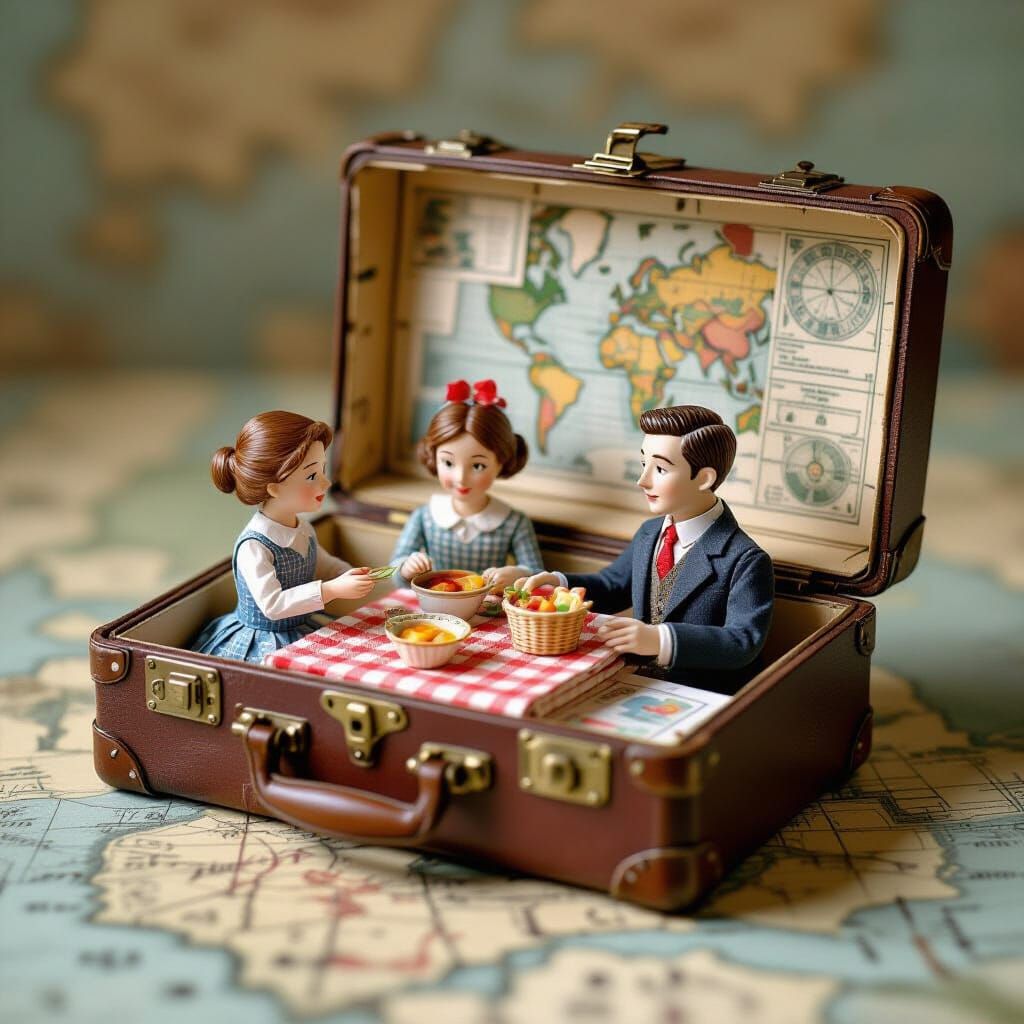 Miniature Paper Family Picnic in Antique Suitcase