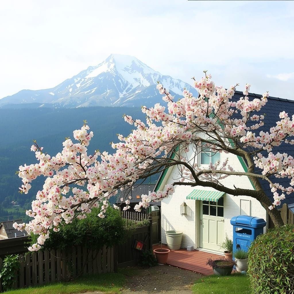 Vibrant Cherry Blossom Cottage Amidst a Sharper Mountain Lan...