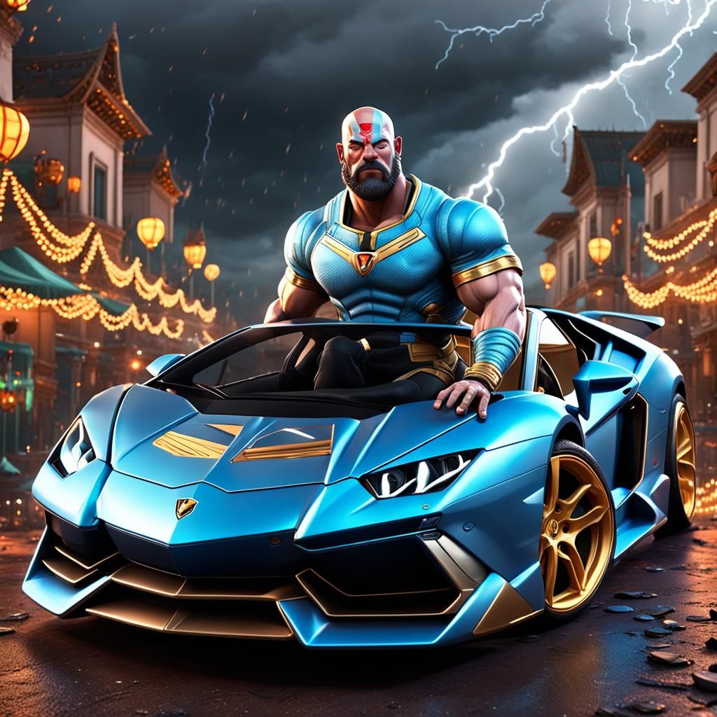 Kratos on road trip on Lamborghini
