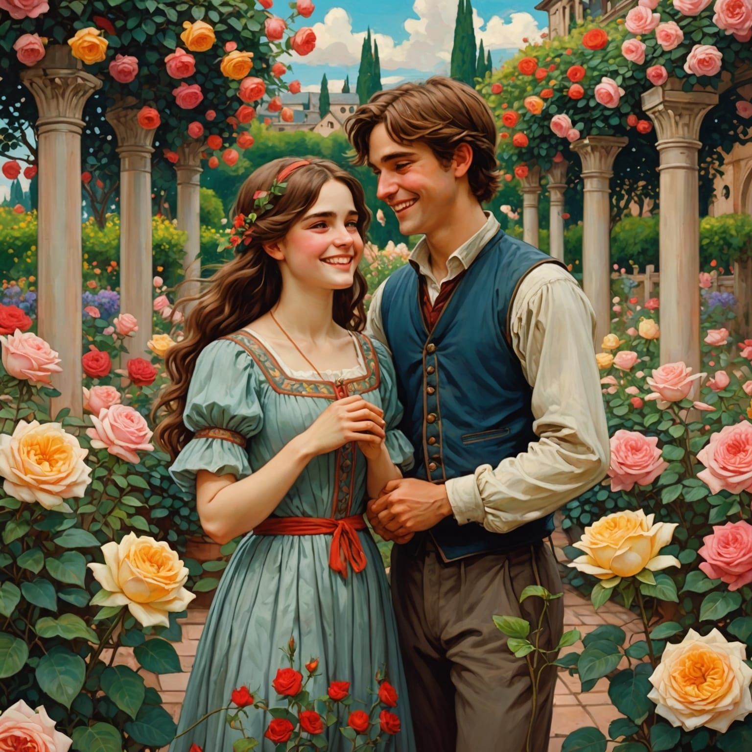 Anime Girl and Boy in Rose Garden