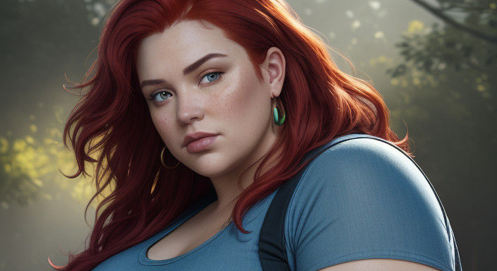 Realistic Portrait of a Red Haired Lady in Purple and Blue