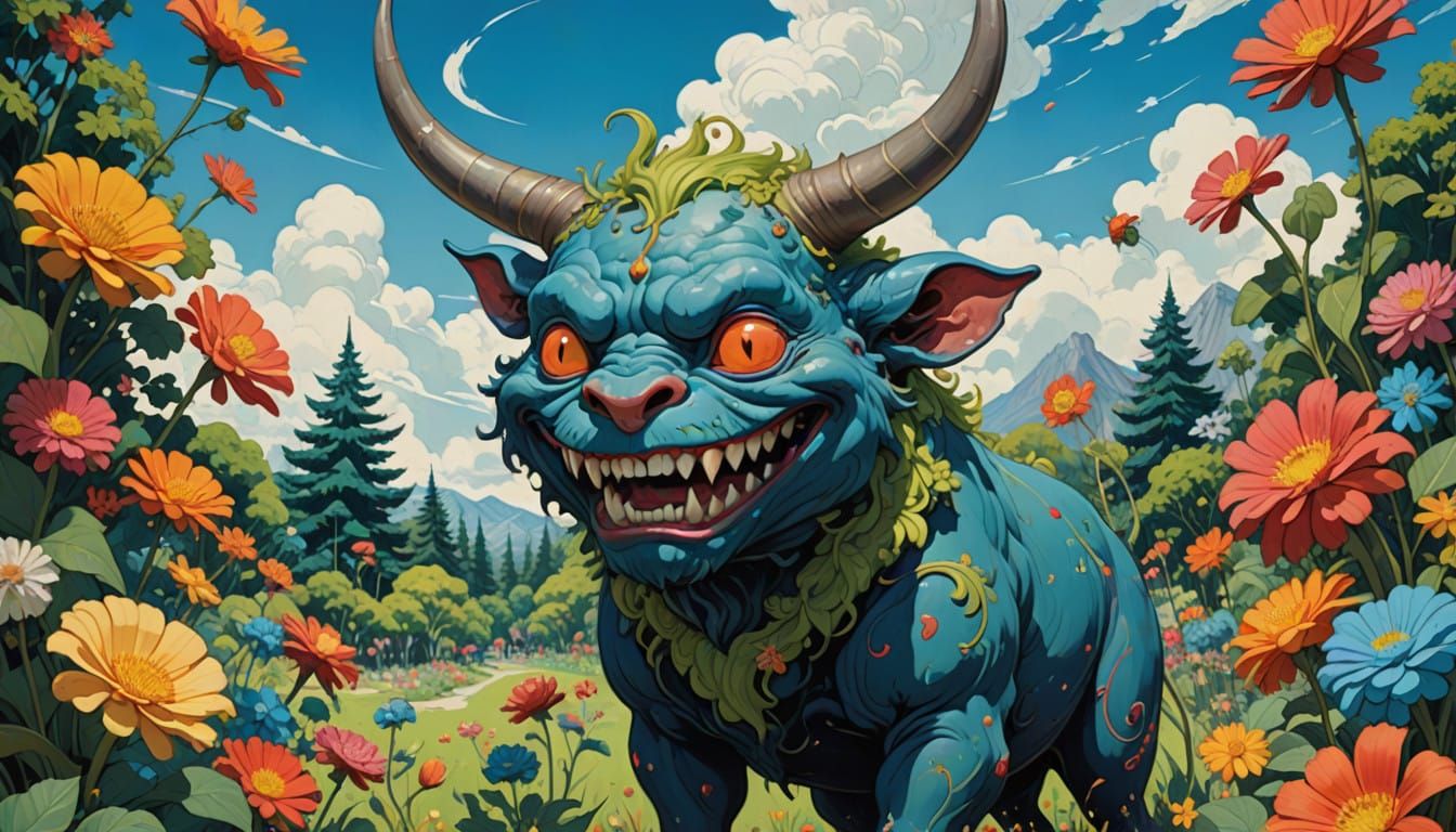 Jovial Demon Plays in a Whimsical Park Scene