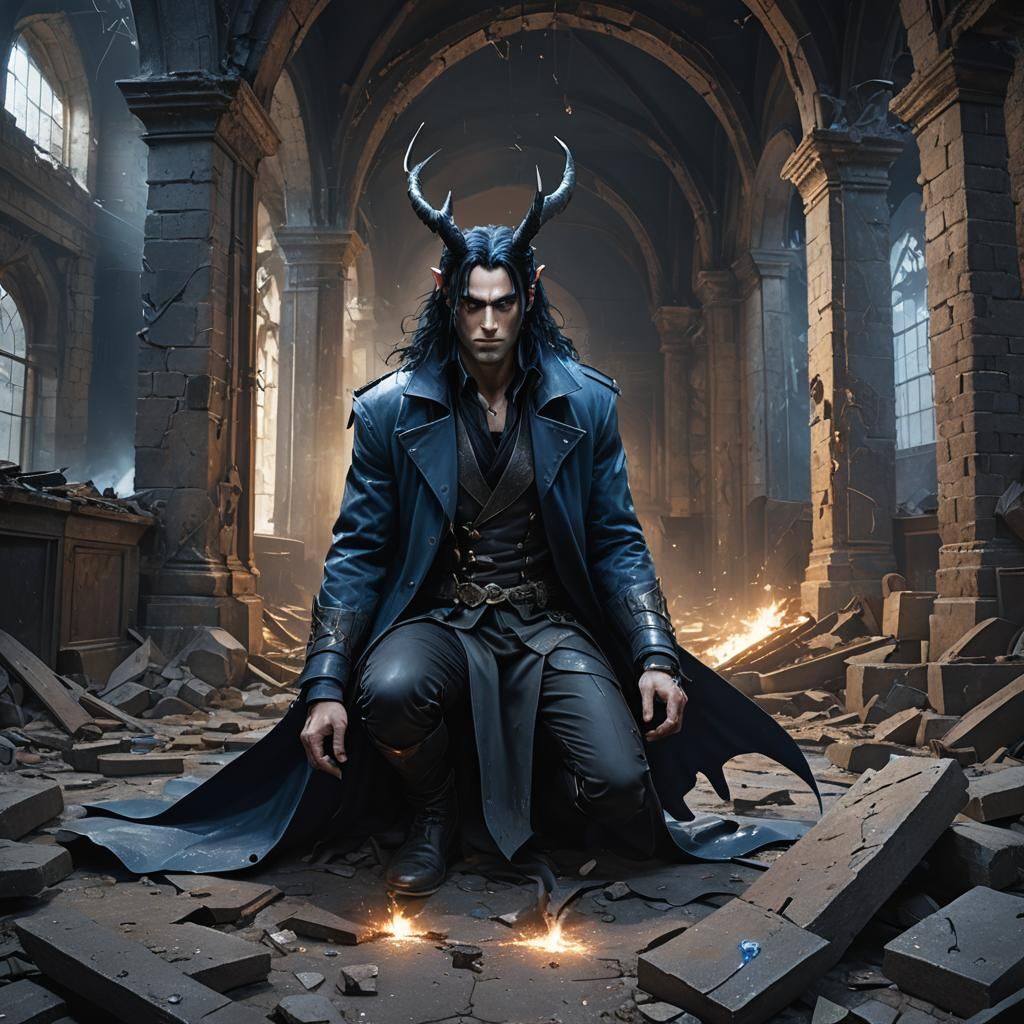 Handsome Blue Half-Demon Sorcerer in Ruined Building