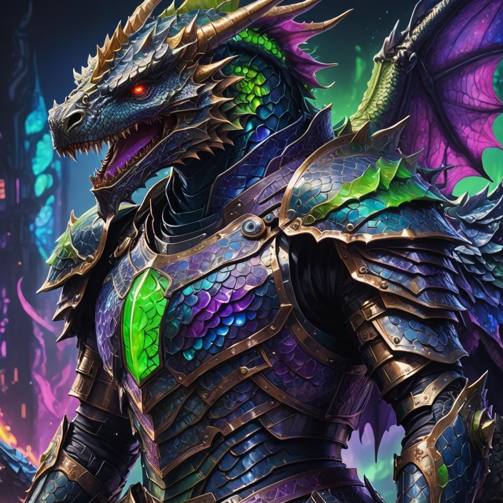Futuristic Knight Rides Neon Dragon in Digital Painting