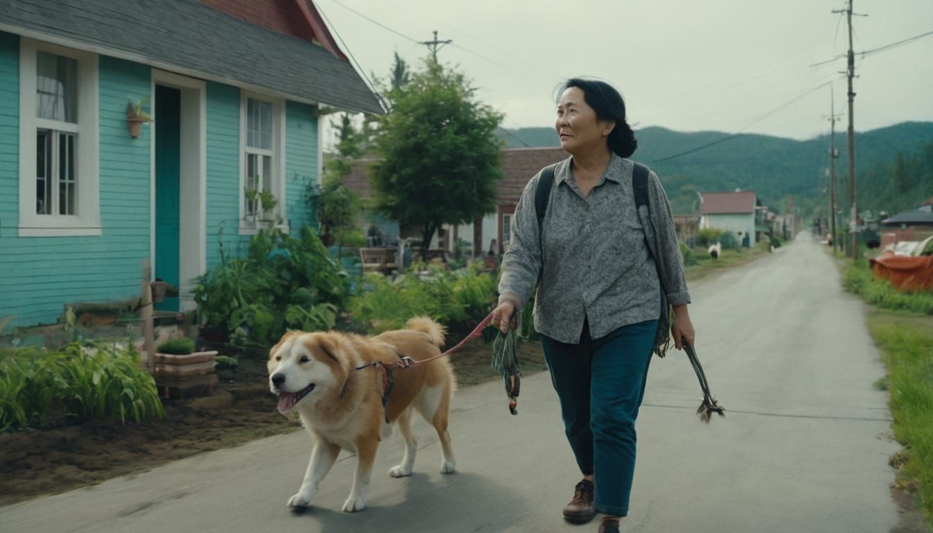 Indie Film Still: Woman and Dog in Rural Town