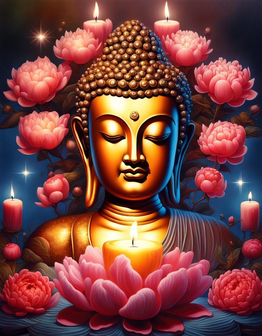 Radiant Buddha with Peonies and Pearls in Digital Art