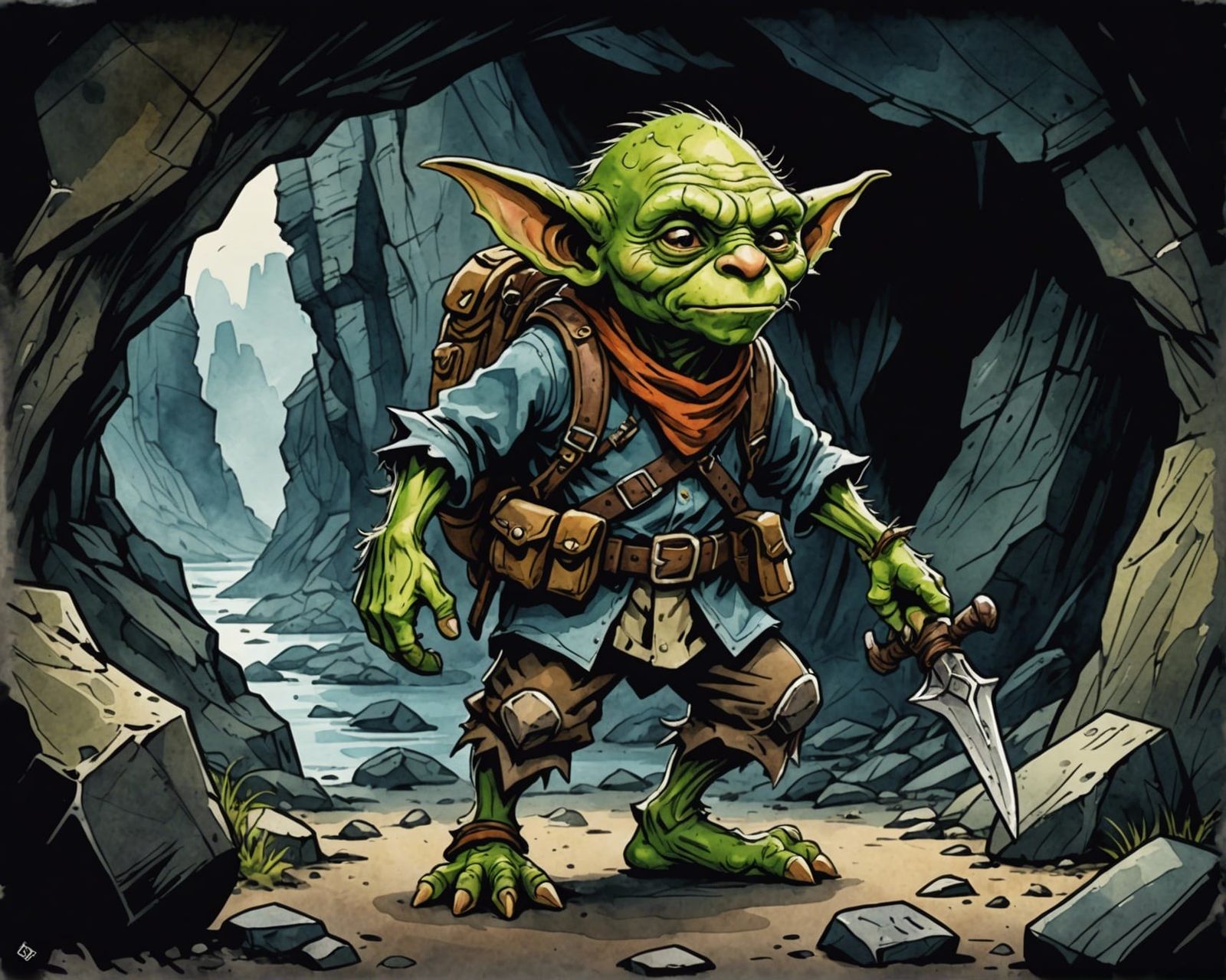 Goblin Treasure Hunter in Watercolor Style