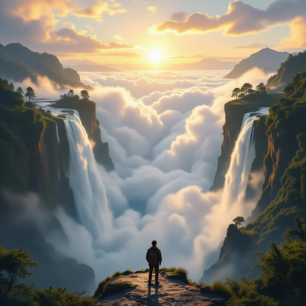 Hiker at Endless Waterfall with Golden Dawn Light