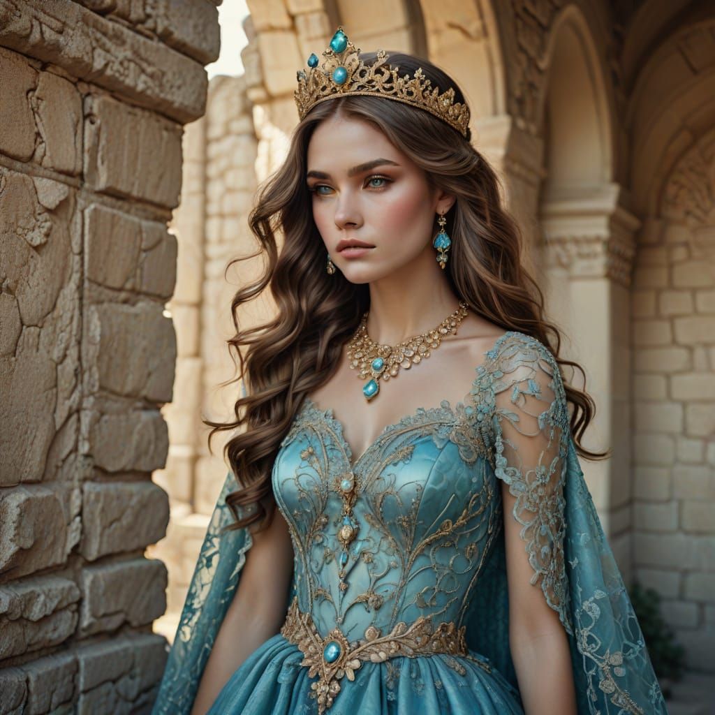 Regal Fantasy Portrait in Turquoise Ball Gown with Intricate...