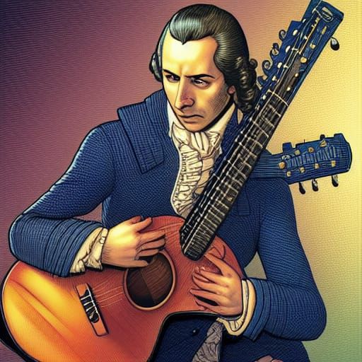Mozart Plays Guitar in Comic Book Art