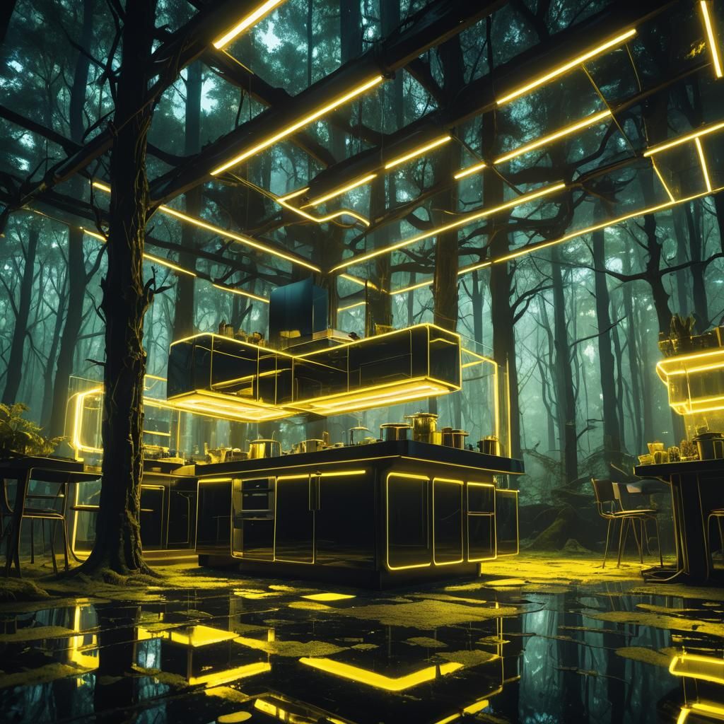 Surreal Neon Kitchen in Dark Forest: Futuristic Architecture