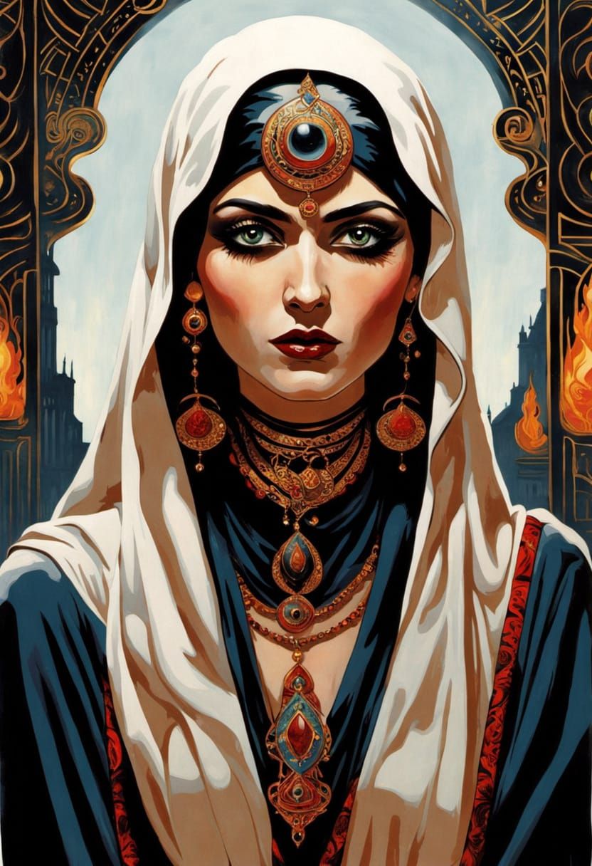 Terrifying Haunted Djinn Lady in Art Deco Enamel Style