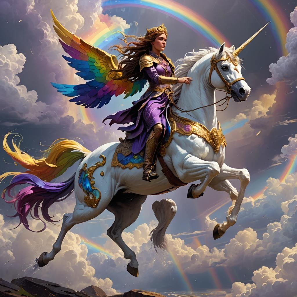 Princess on Pegasus Under Rainbow, Dark Fantasy Art