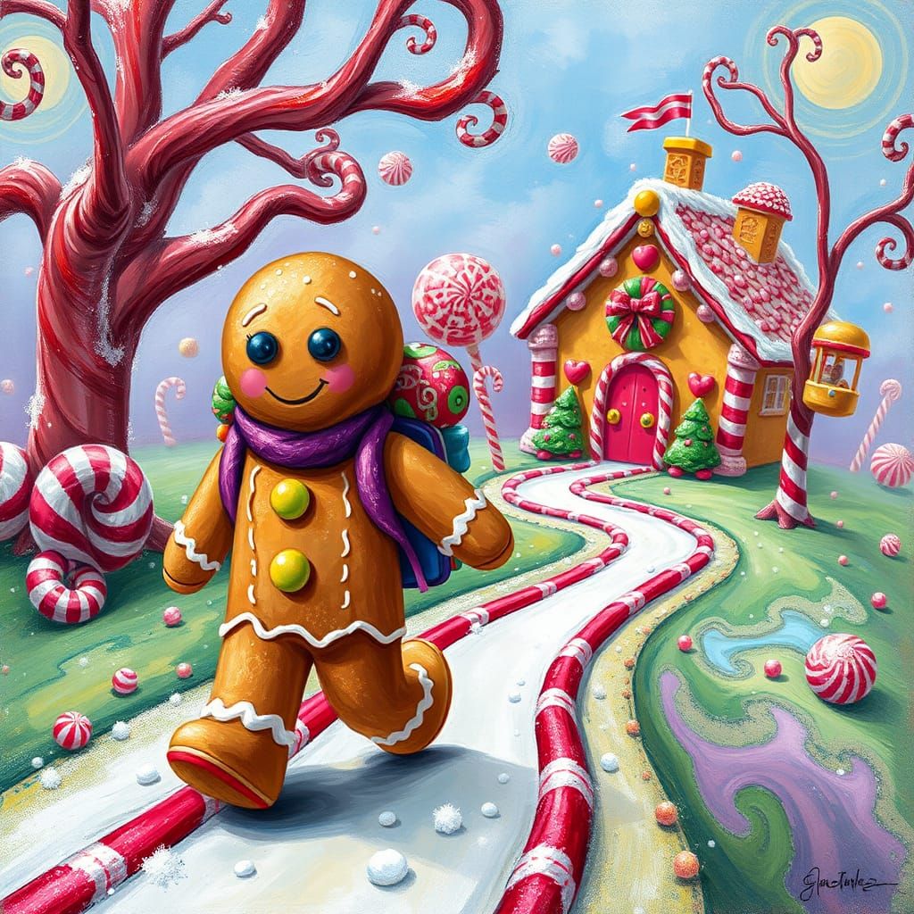 Gingerbread Man Walks to Candy School in Gouache Style